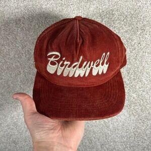 Birdwell red corduroy embroidered trucker style leather strap back hat cap